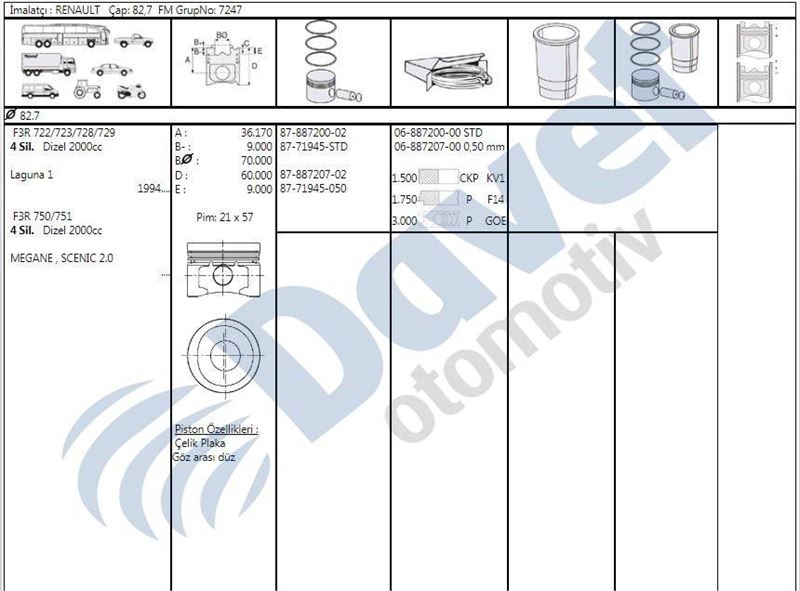 YEN-4176-050 Piston + Segman F3r 82.70 Mm 0.50mm ( Renault   Megane Laguna 2.0 8v )